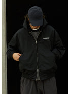 USAGE Crinkle Nylon Hooded Track Jacket in Black - On Male Model