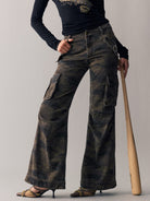 BEERBRO Washed Camo Micro Flare Cargo Pants in Brown - On Female Model