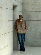 USAGE Washed Crinkle Plaid Open Collar Shirt in Orange - On Male Model