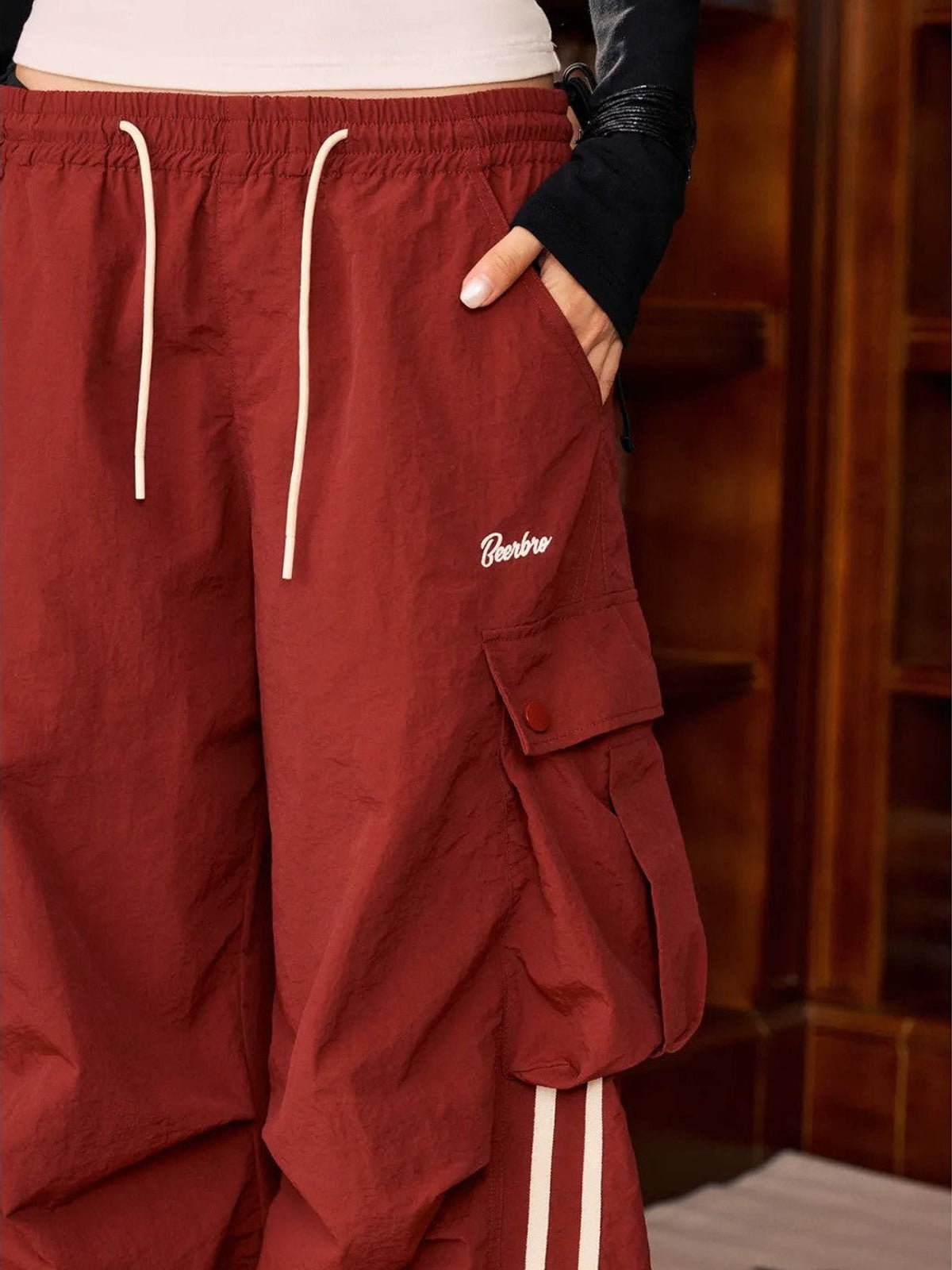 BeerBro Contrast Stripe Cargo Pants in Red - On Female Model