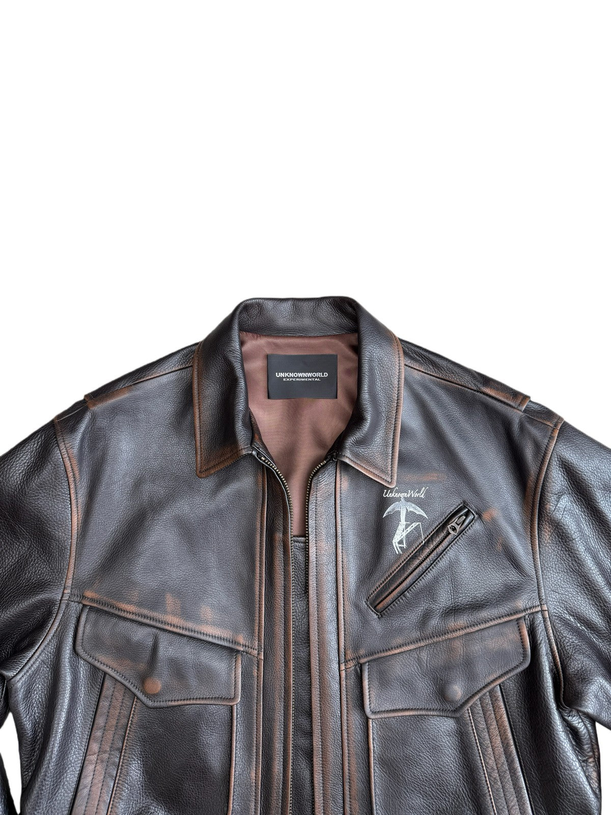 UNKNOWNWORLD Distressed Cowhide Flight Jacket in Brown - Detail