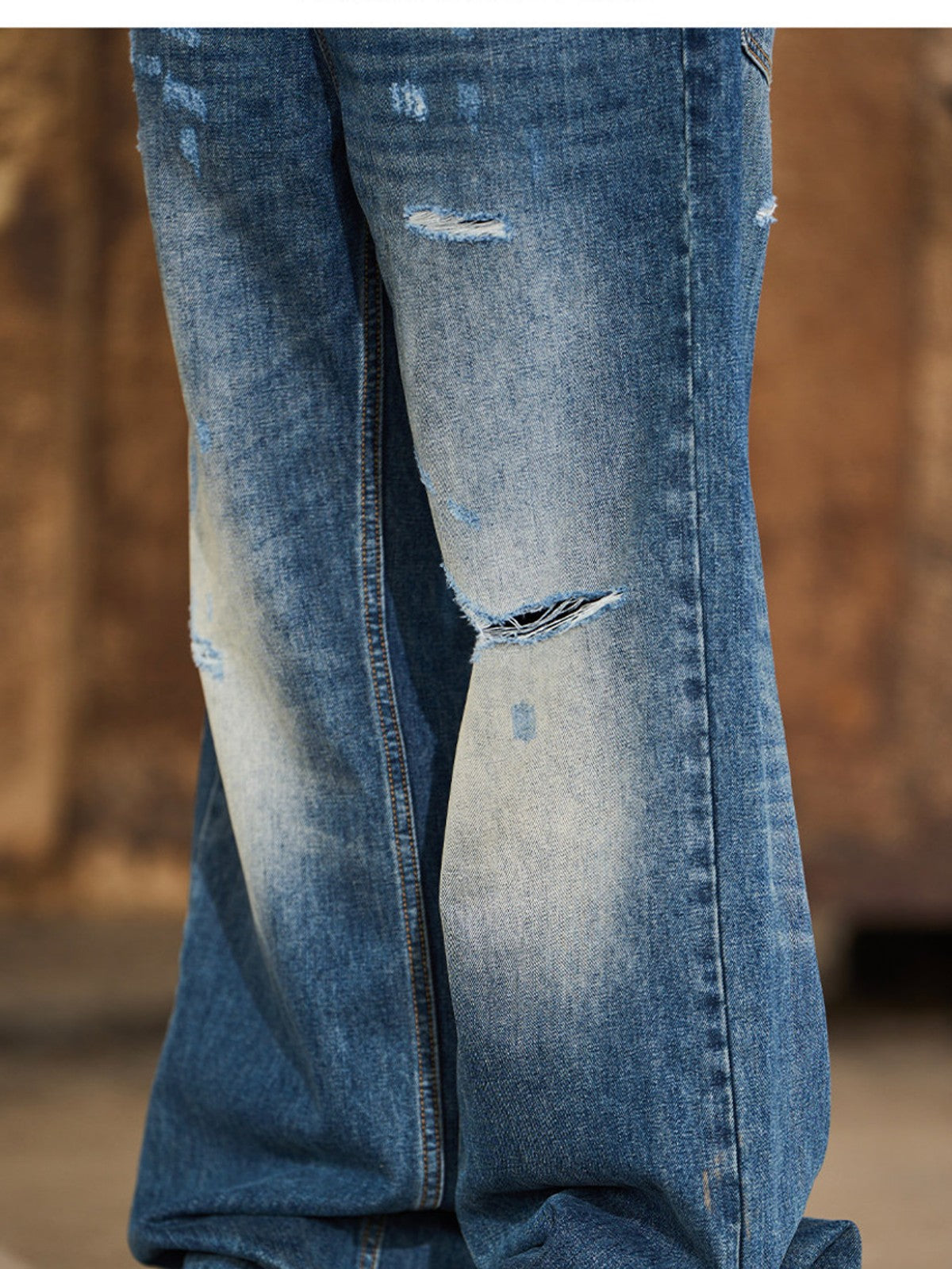 BLINDNOPLAN Distressed Dark Wash Straight Jeans in Blue - On Model