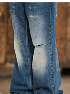 BLINDNOPLAN Distressed Dark Wash Straight Jeans in Blue - On Model