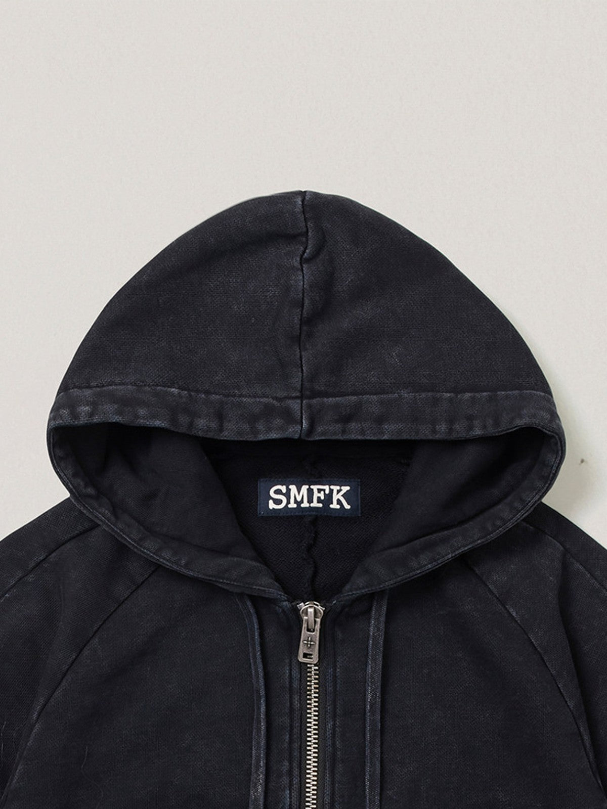 SMFK Garment Dyed Cotton Zip Up Hoodie in Black - Detail