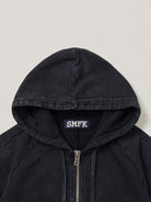 SMFK Garment Dyed Cotton Zip Up Hoodie in Black - Detail