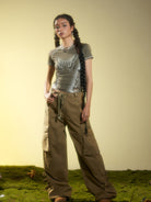 BEERBRO Drawstring Panelled Cargo Pants in Olive - On Female Model