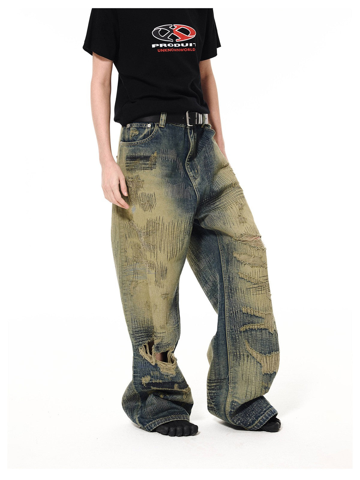 UNKNOWNWORLD Heavyweight Distressed Wide Leg Jeans in Denim - On Model