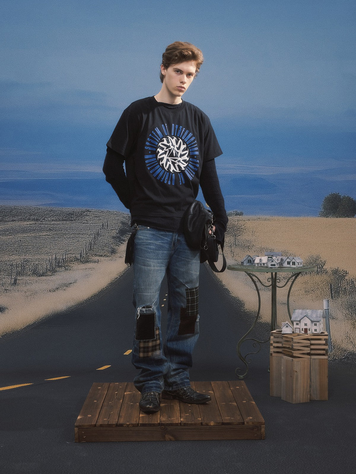SOD Distressed Patchwork Jeans in Blue - On Male Model