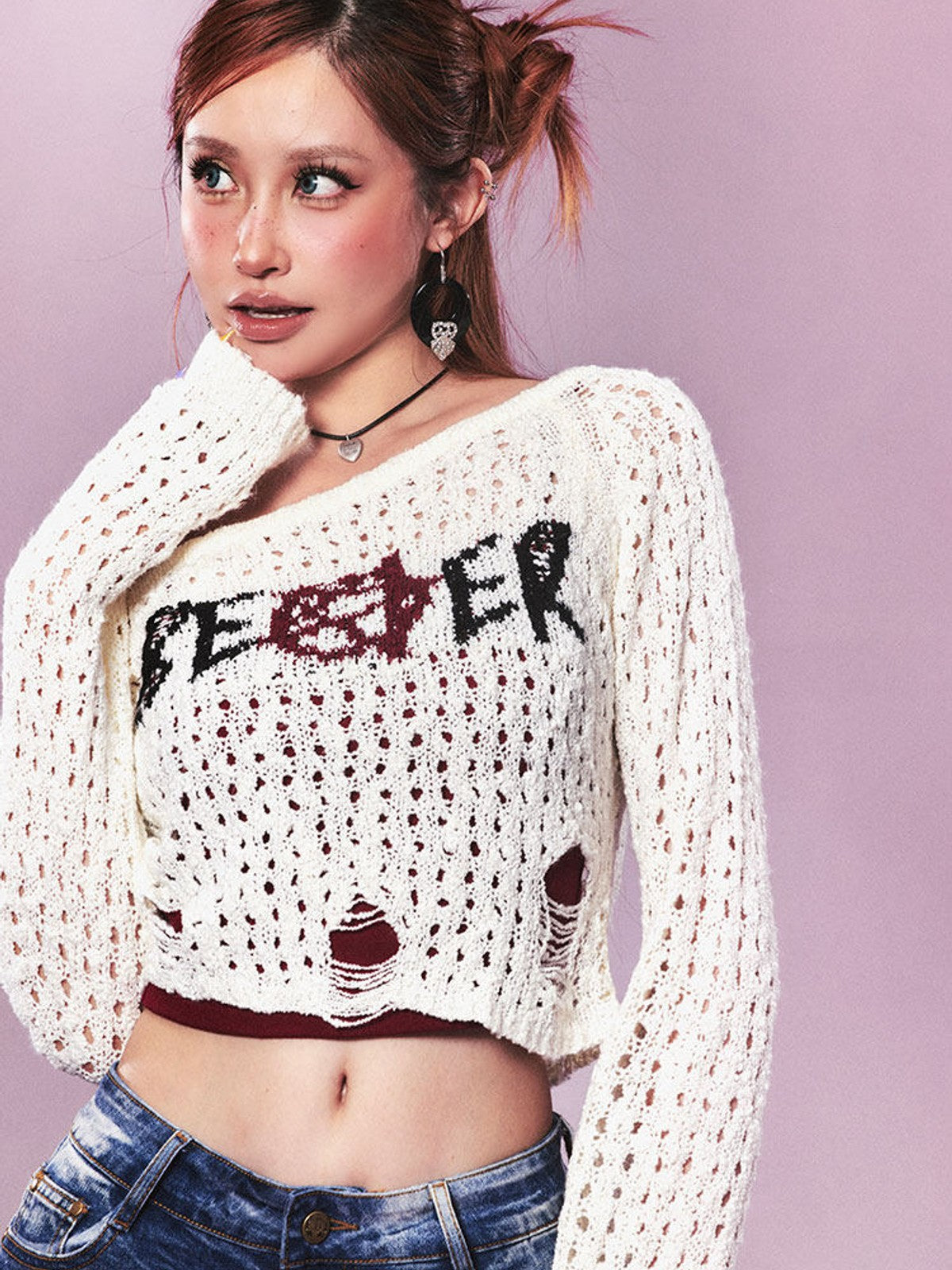 BEERBRO Jacquard Knit Shrug Cami Set in White - On Female Model
