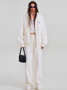 SMFK Embroidered Cotton Zip Up Hoodie in White - On Female Model