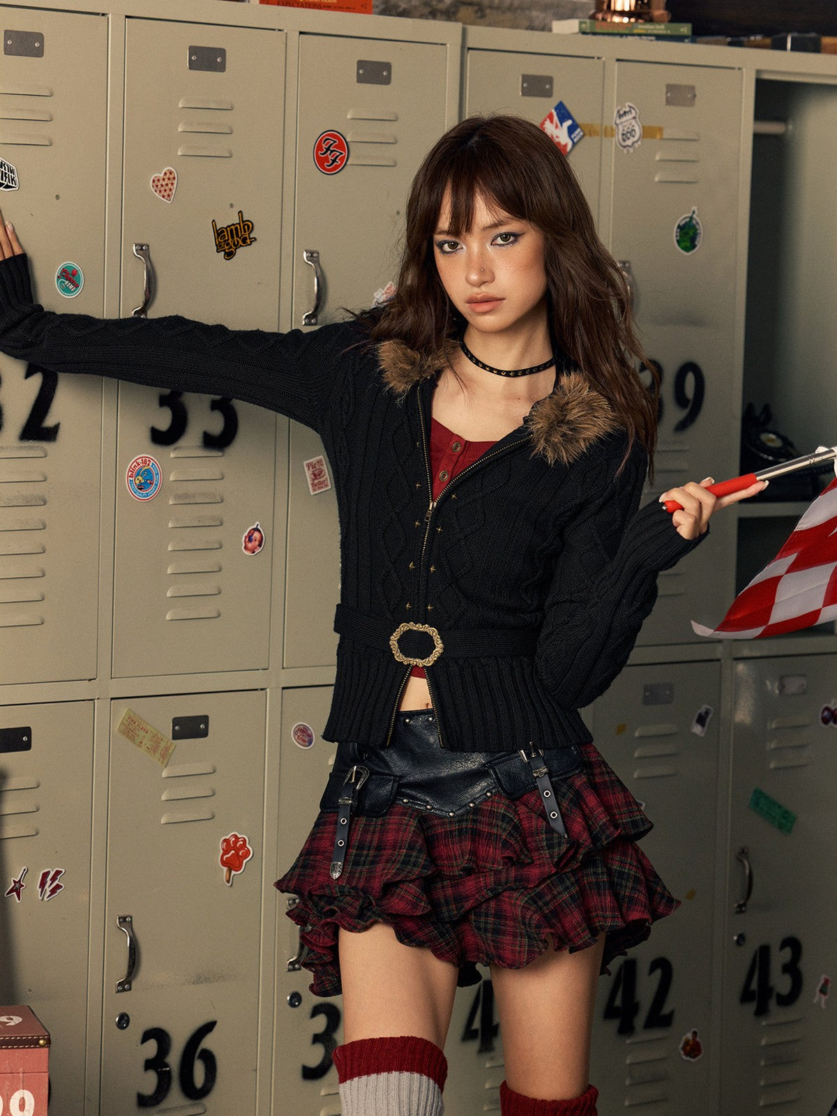 BEERBRO Faux Fur Trim Wool Cardigan in Black - On Female Model