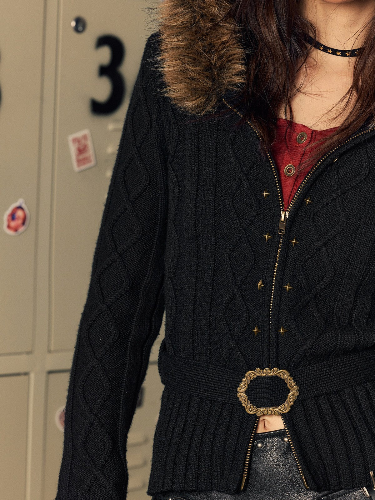 BEERBRO Faux Fur Trim Wool Cardigan in Black - On Female Model
