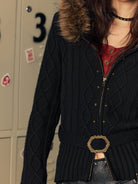 BEERBRO Faux Fur Trim Wool Cardigan in Black - On Female Model