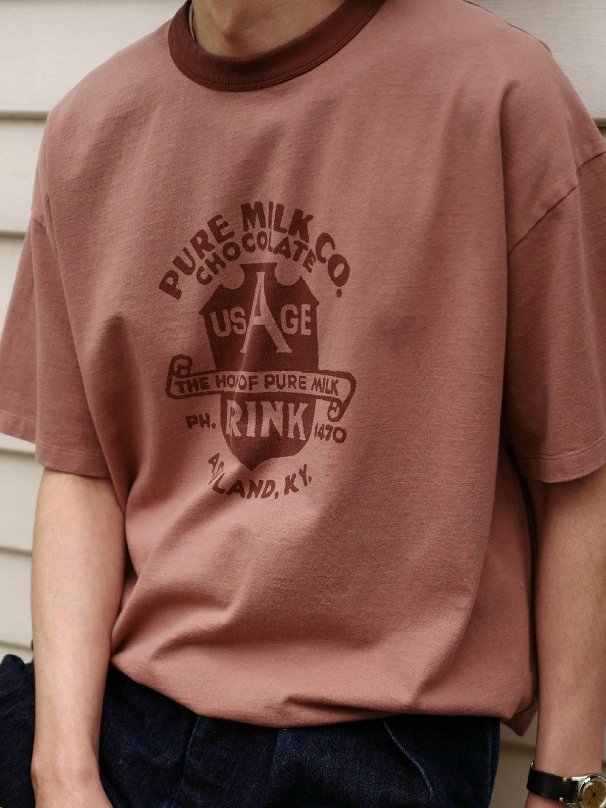 USAGE Graphic Cotton Ringer T Shirt in Pink - On Male Model