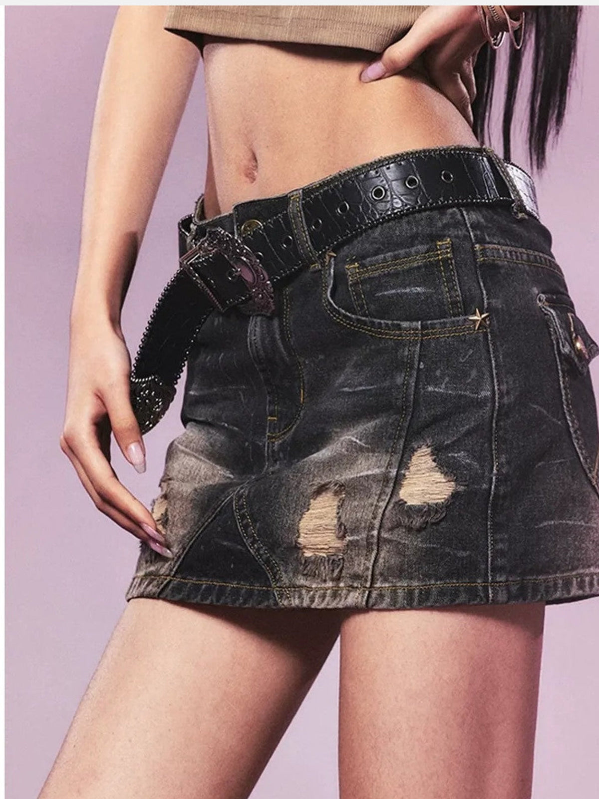 BeerBro Studded Distressed Denim Mini Skirt in Denim - On Female Model