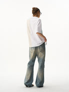 BLINDNOPLAN Panelled Embroidered Colorblock T Shirt in Beige - On Female Model