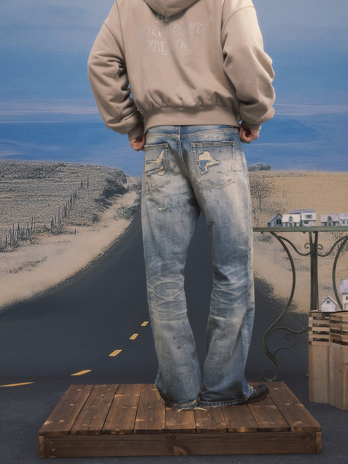 SOD Distressed Graffiti Embroidered Jeans in Blue - On Model