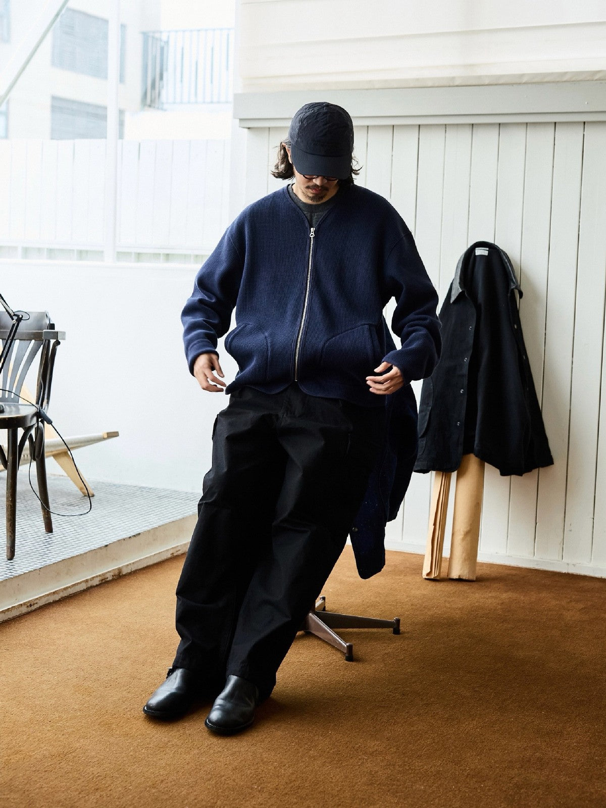 USAGE Heavyweight Waffle Knit Zip Cardigan in Navy Blue - On Male Model