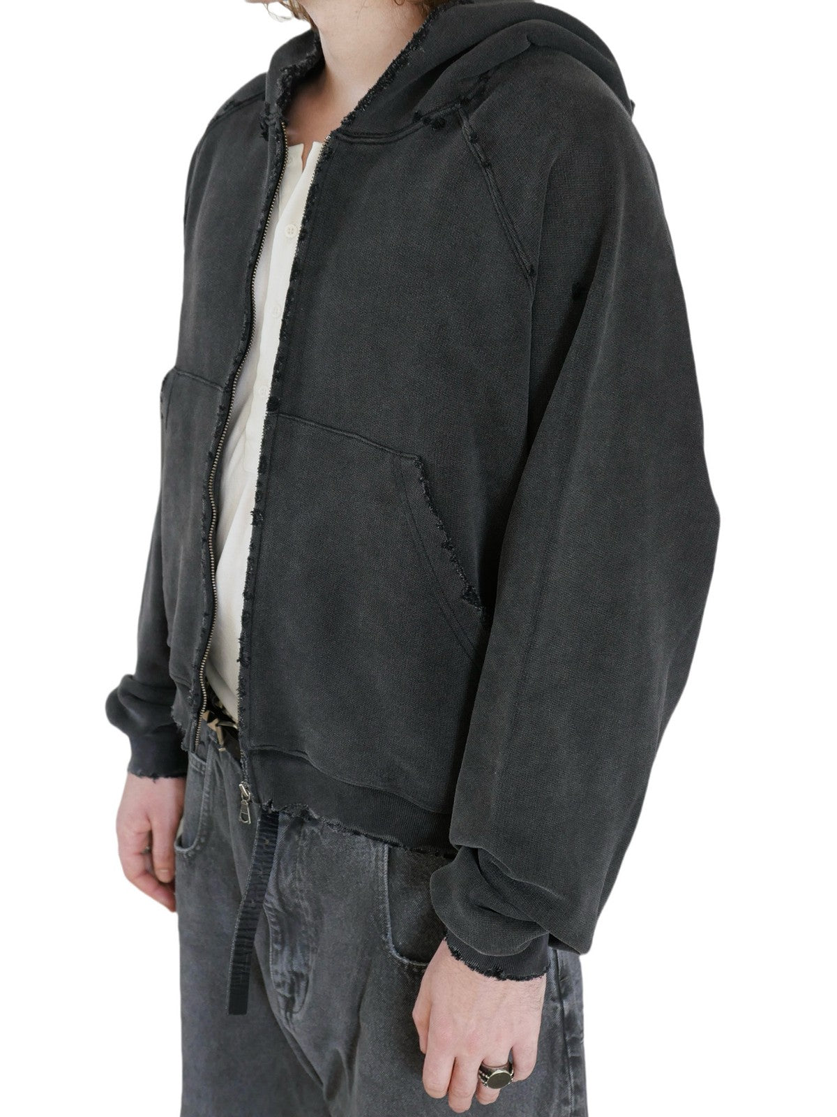 UNKNOWNWORLD Distressed Washed Zip Up Hoodie in Black - On Male Model