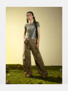 BeerBro Airbrush Butterfly Cutout Tee in Olive - On Female Model