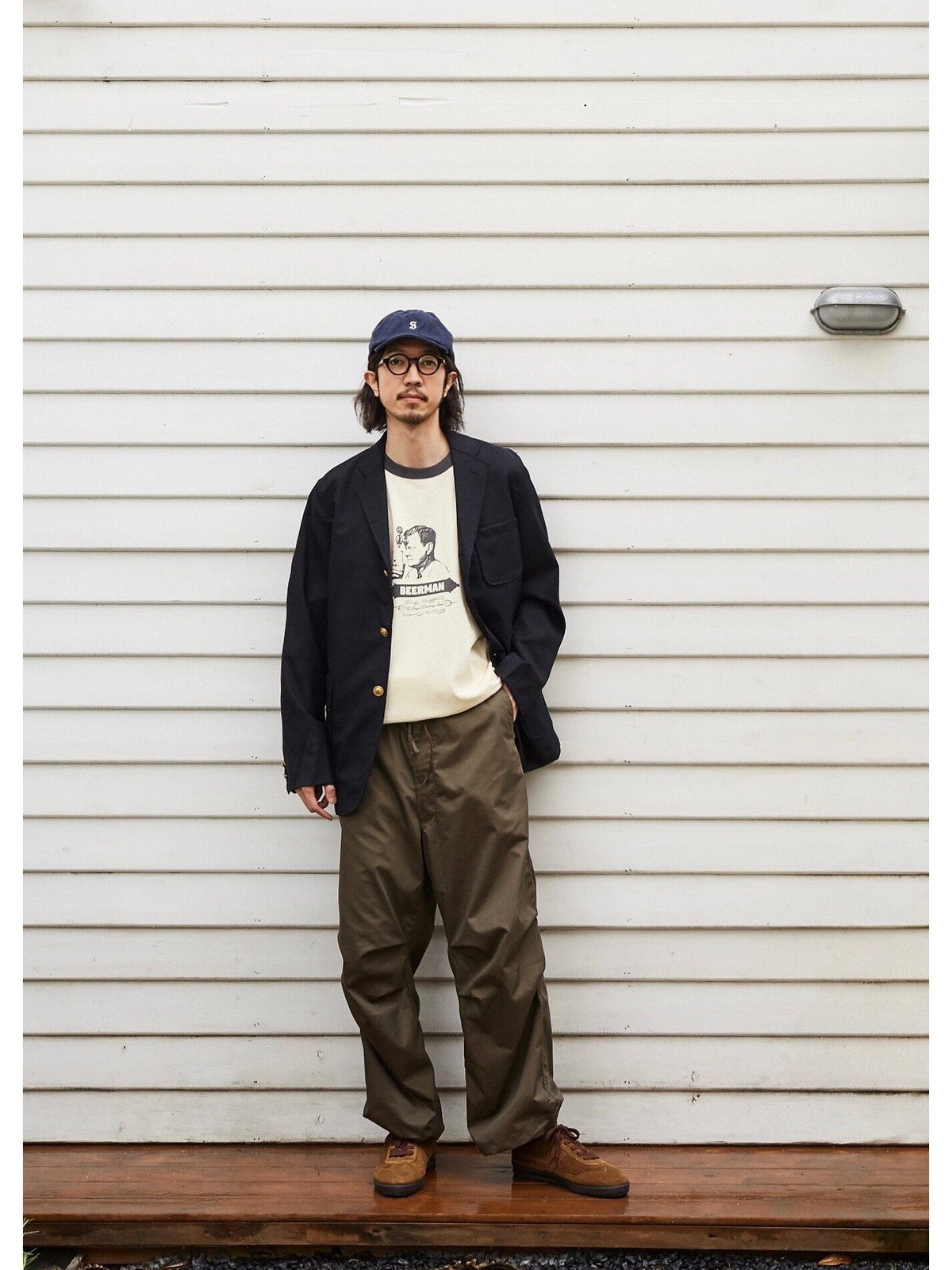 USAGE Graphic Cotton Ringer T Shirt in Cream - On Male Model