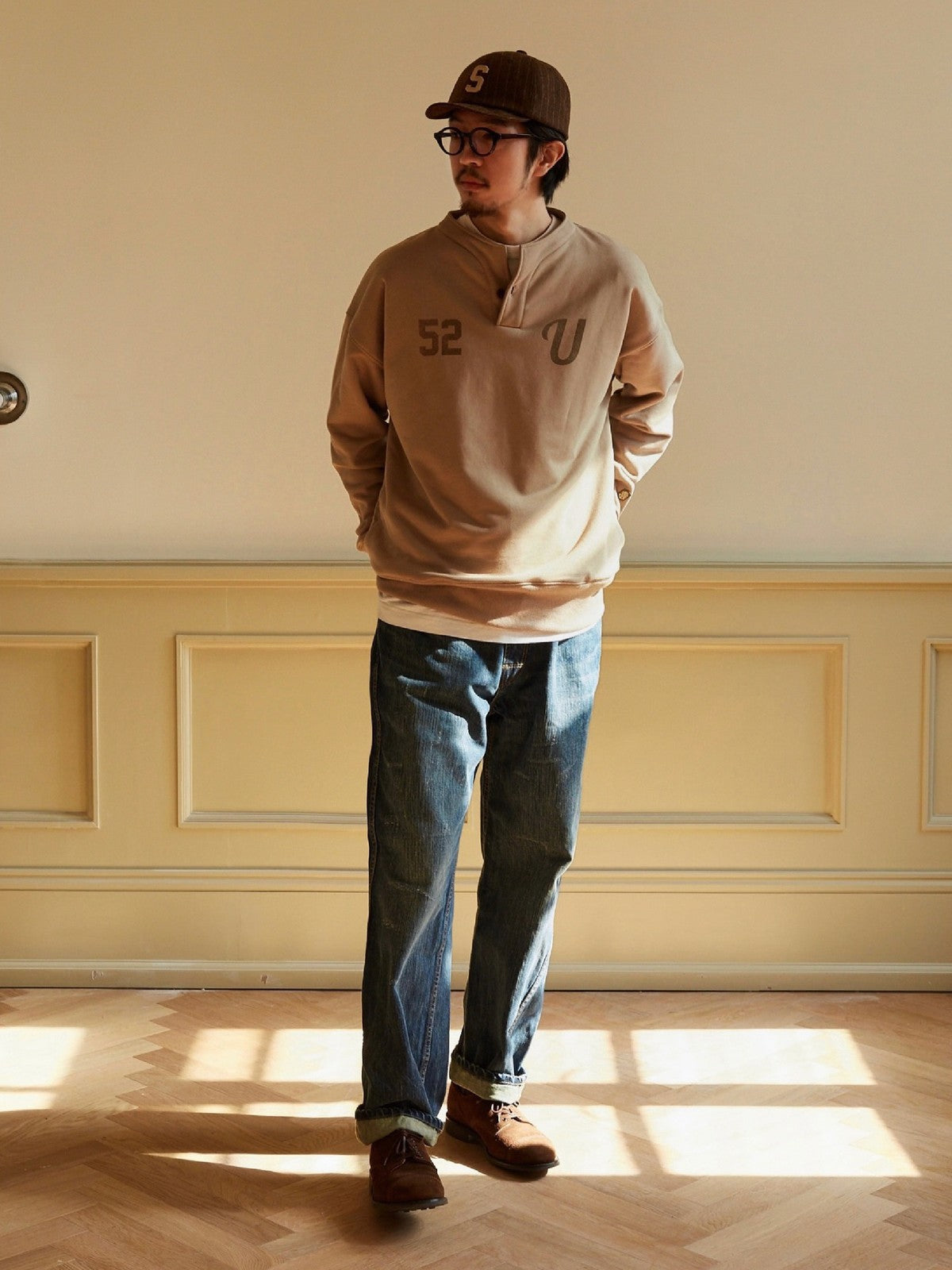 USAGE Terry Cotton Henley Sweatshirt in Beige - On Male Model