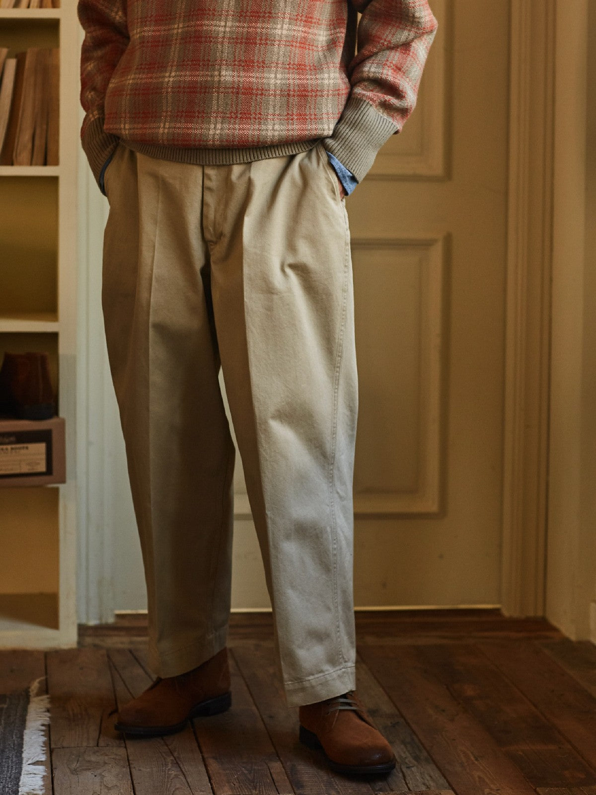 USAGE Heavyweight Cotton Twill Chinos in Khaki - On Model