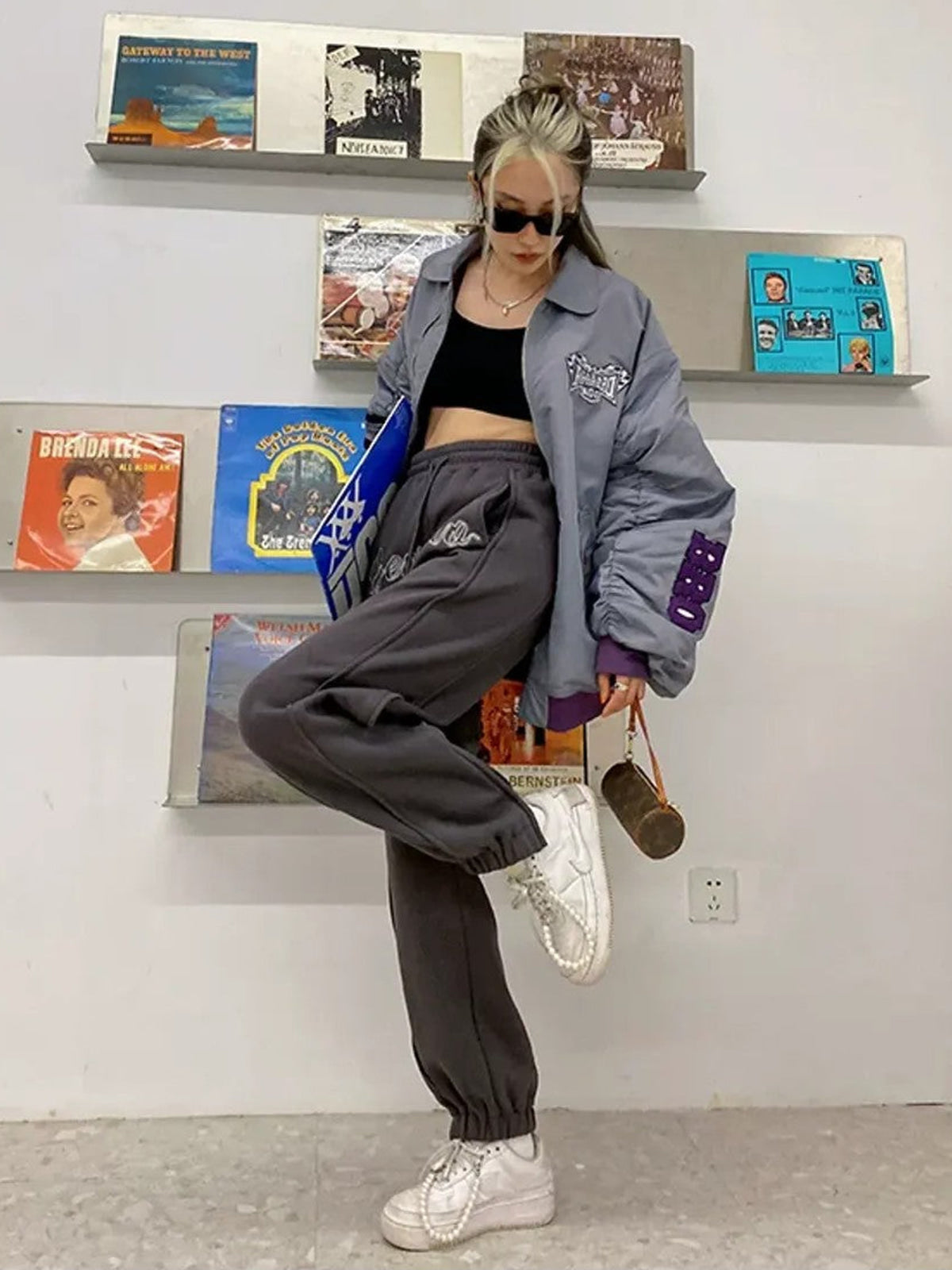BeerBro Fleece Lined Split Hem Sweatpants in Gray - On Female Model