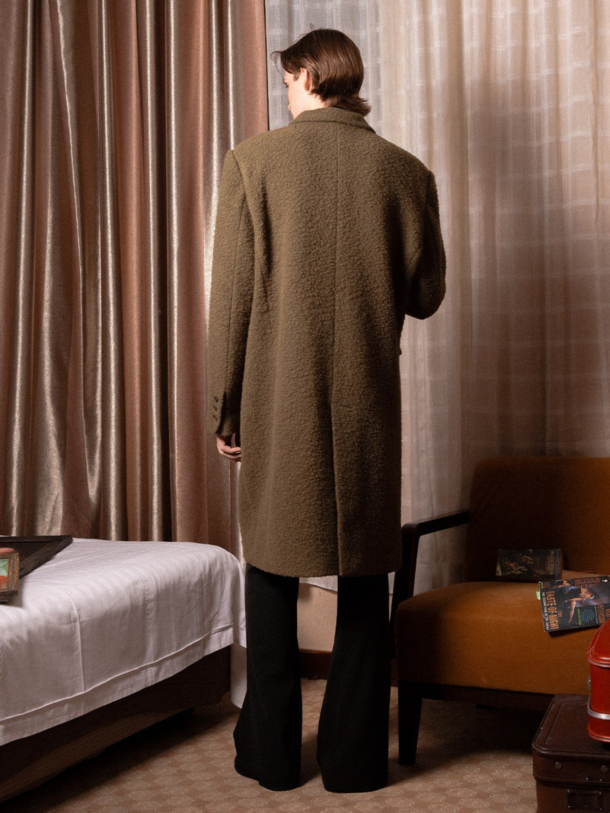 SOD Oversized Double Breasted Wool Blend Coat in Green - On Male Model