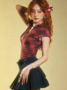 BEERBRO Plaid V Neck Collared Top in Burgundy - On Female Model