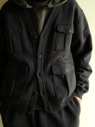 USAGE Cotton Safari Pocket Cardigan Sweatshirt in Navy Blue - On Model
