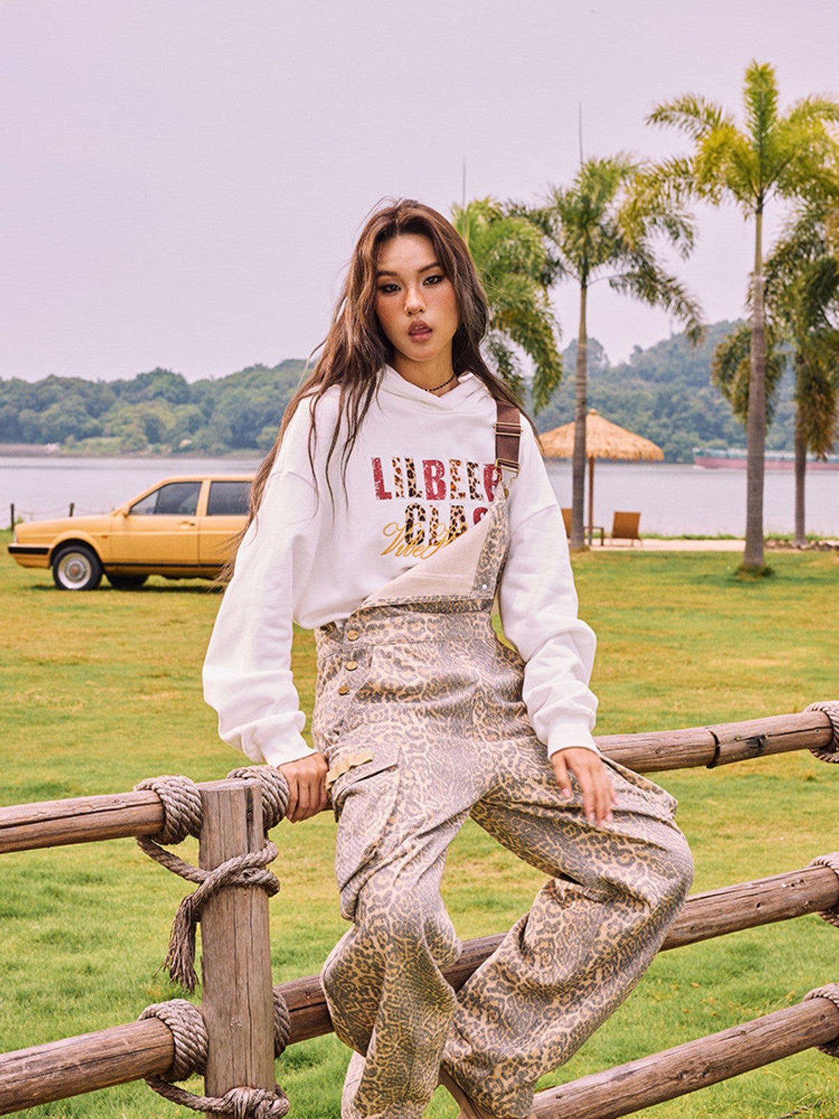 BEERBRO Heavyweight Graphic Print Hoodie in White - On Female Model
