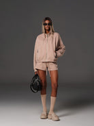 SMFK Cotton Wool Blend Drawstring Shorts in Beige - On Female Model