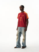 BLINDNOPLAN Retro Color Block Graphic T Shirt in Red - On Male Model