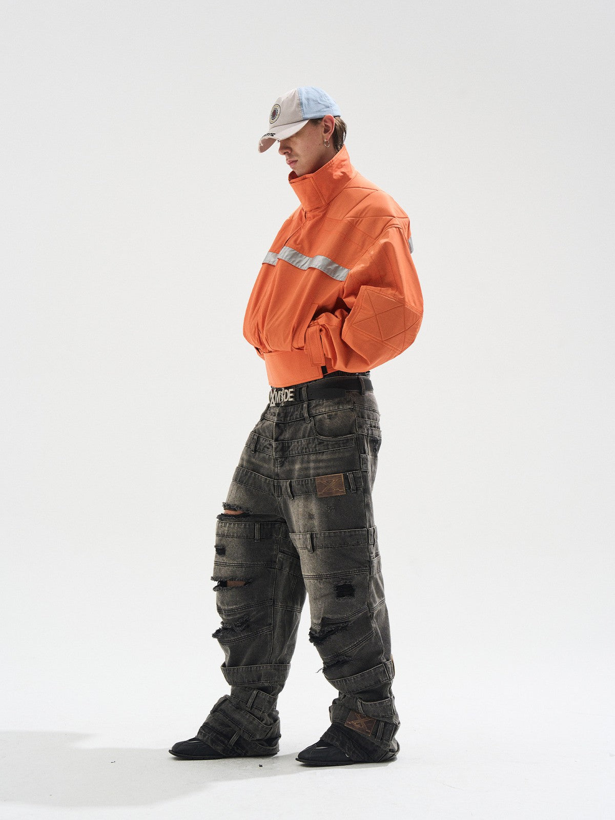 BLINDNOPLAN Reflective Strip Stand Collar Jacket in Orange - On Male Model