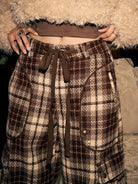 BeerBro Plaid Tweed Wide Leg Cargo Pants in Brown - Detail