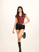 BEERBRO Plaid V Neck Collared Top in Burgundy - On Female Model