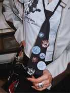 BeerBro Preppy Graphic Badge Necktie in White - On Female Model