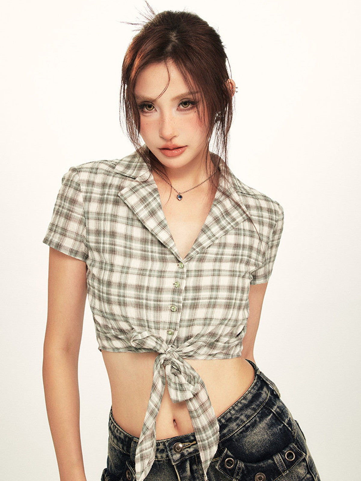 BEERBRO Plaid Cross Front Crop Shirt in Mint - On Female Model