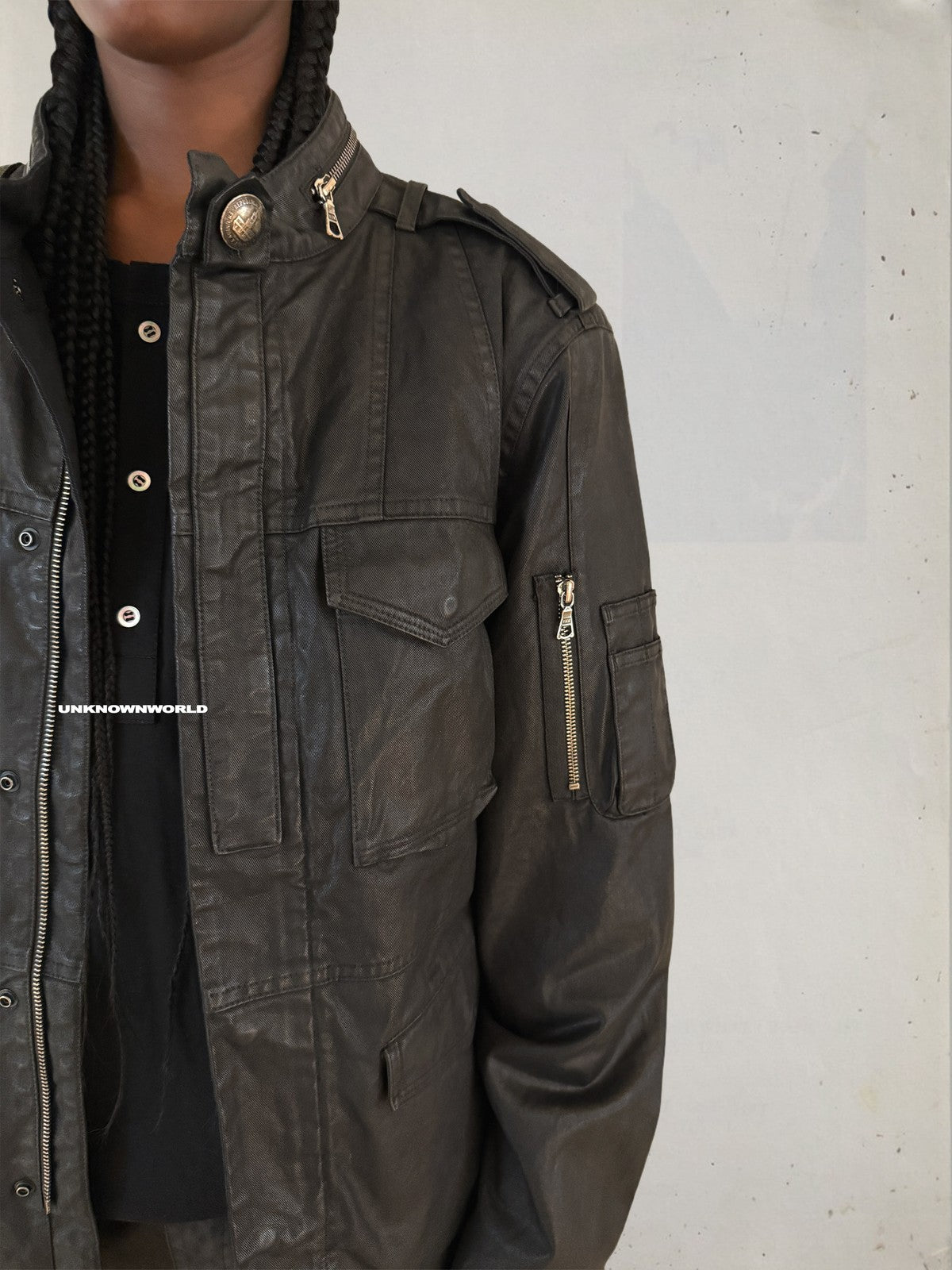 UNKNOWNWORLD Waxed Deconstructed M65 Jacket in Black - On Model