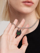 BLACKHEAD Green Eyed Cat Pendant Necklace in Black - On Female Model
