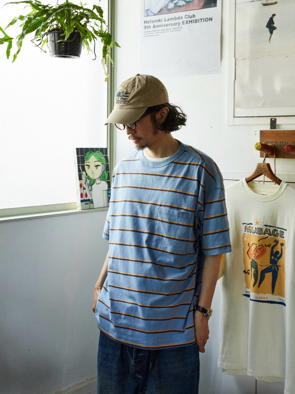 USAGE Retro Striped Cotton T Shirt in Blue - On Male Model