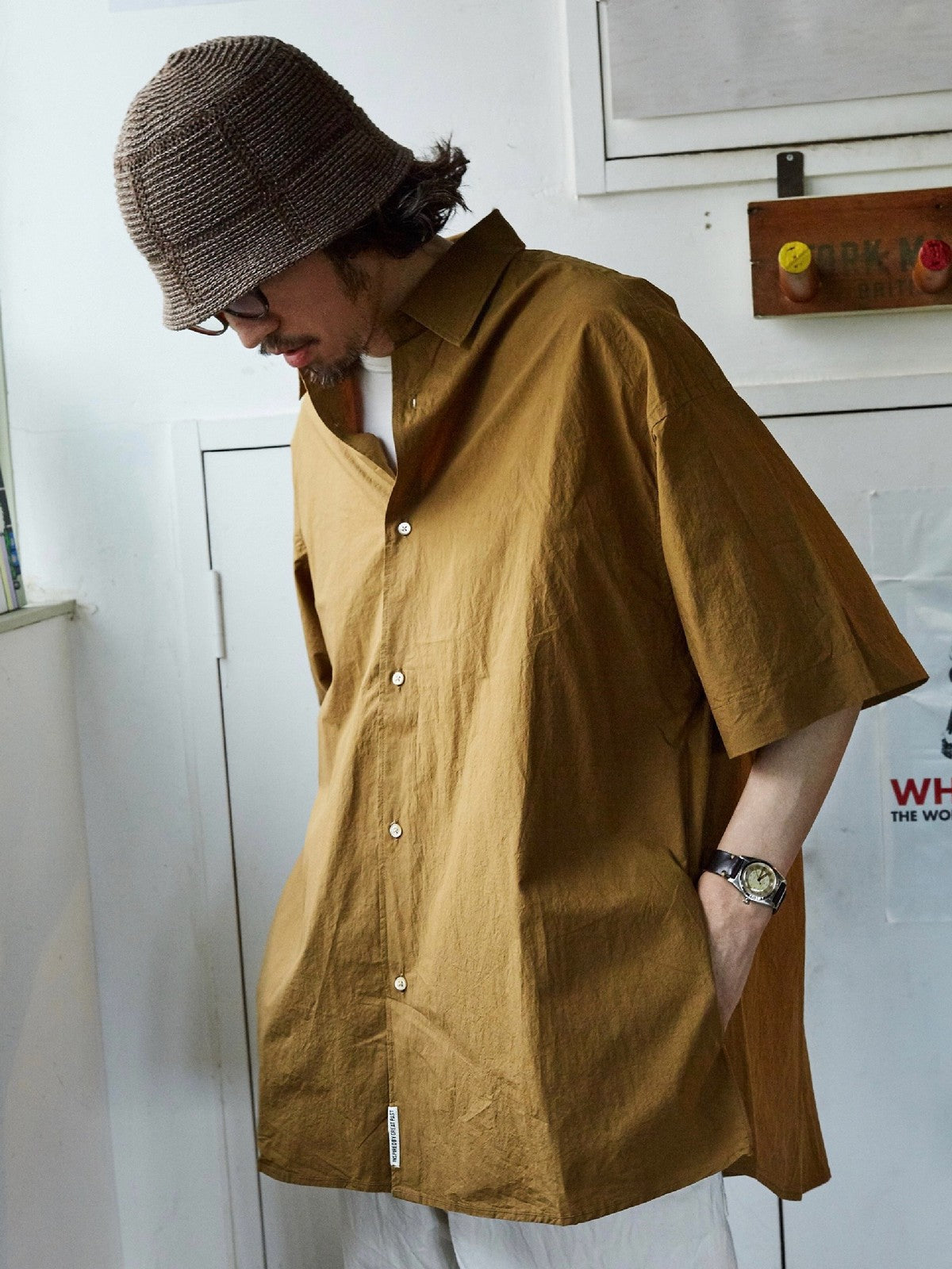 USAGE Cotton Crinkle Short Sleeve Shirt in Beige - On Male Model