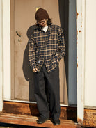 USAGE Heavyweight Herringbone Baker Pants in Navy Blue - On Male Model