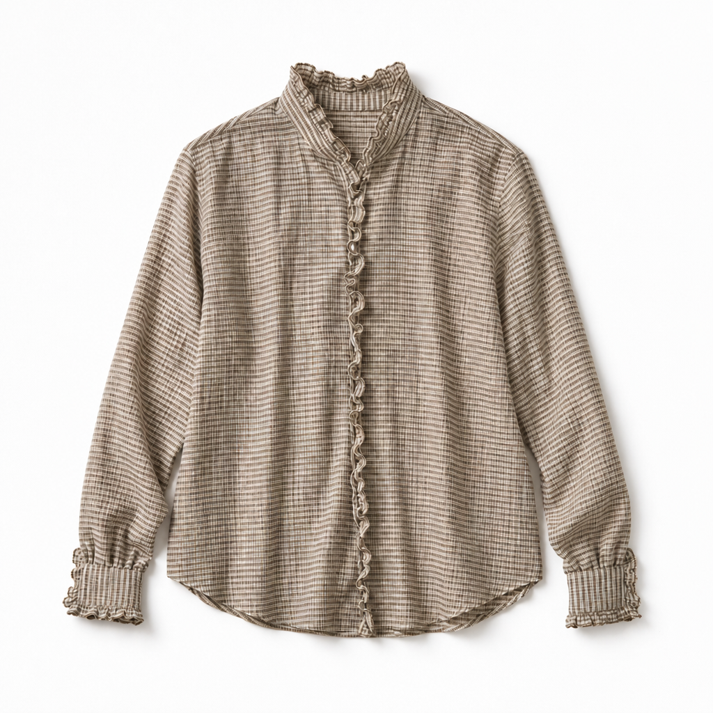 Mingstreet ASC launch still-life | SIMPLE PROJECT | Sheer Crinkled Plaid Ruffle Shirt | Khaki | background_redo_2026-06-21