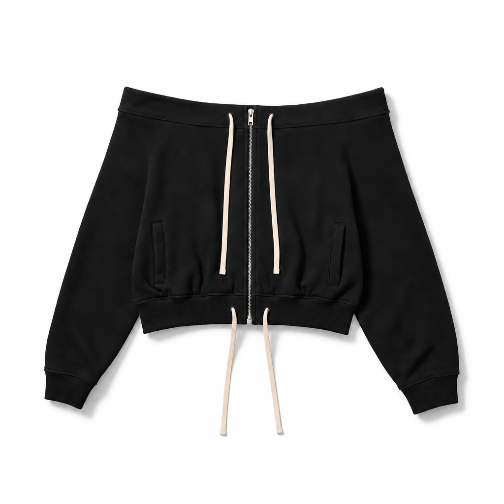 Mingstreet ASC launch still-life | RARELY ALIKE | Off Shoulder Zip Up Sweatshirt | Black | background_redo_2026-06-21