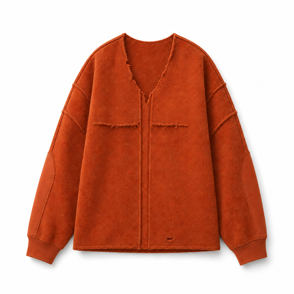 Mingstreet ASC launch still-life | D5ove | Distressed V Neck Fleece Sweatshirt | Orange | background_redo_2026-06-21