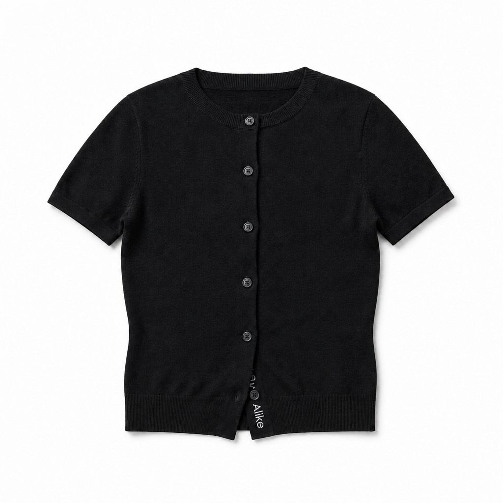 Mingstreet ASC launch still-life | RARELY ALIKE | Pure Wool Short Sleeve Cardigan | Black | background_redo_2026-06-21