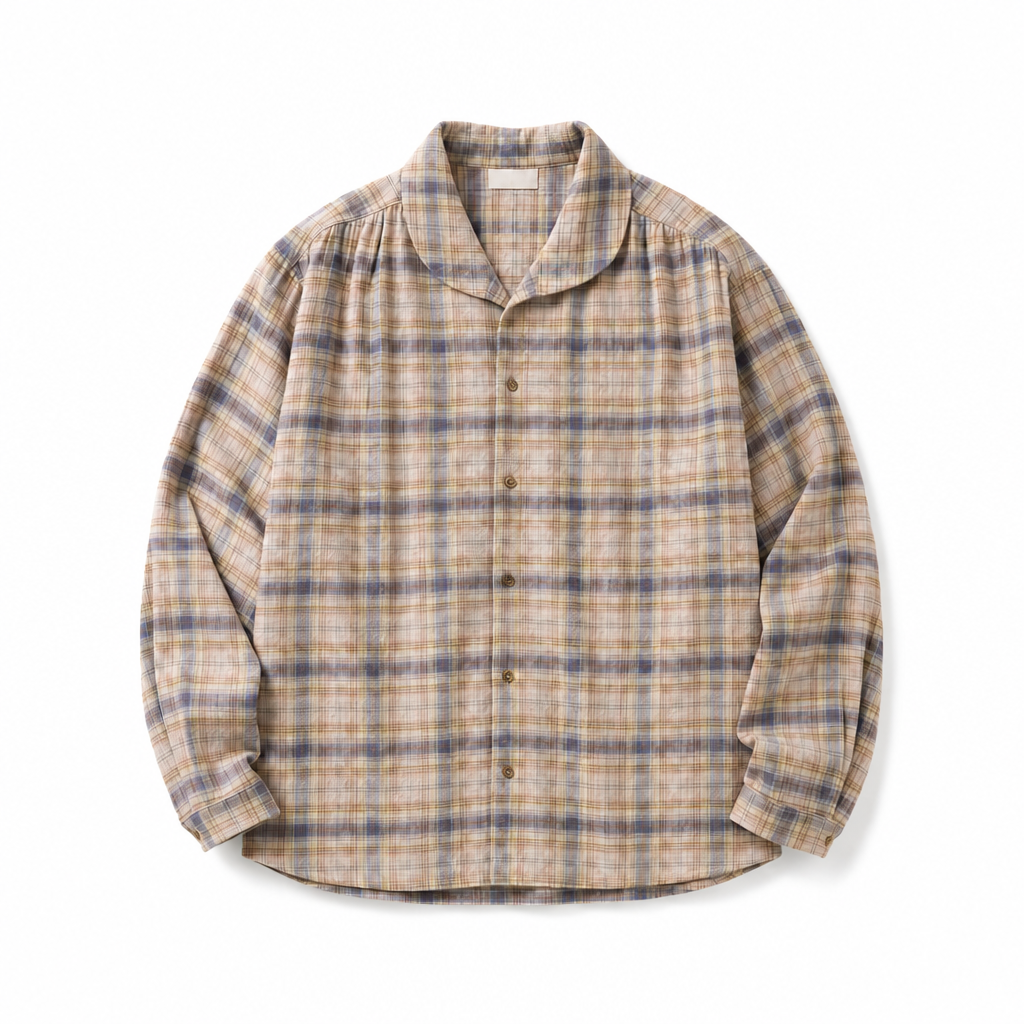Mingstreet ASC launch still-life | SIMPLE PROJECT | Shawl Collar Crinkled Plaid Shirt | Khaki | background_redo_2026-06-21