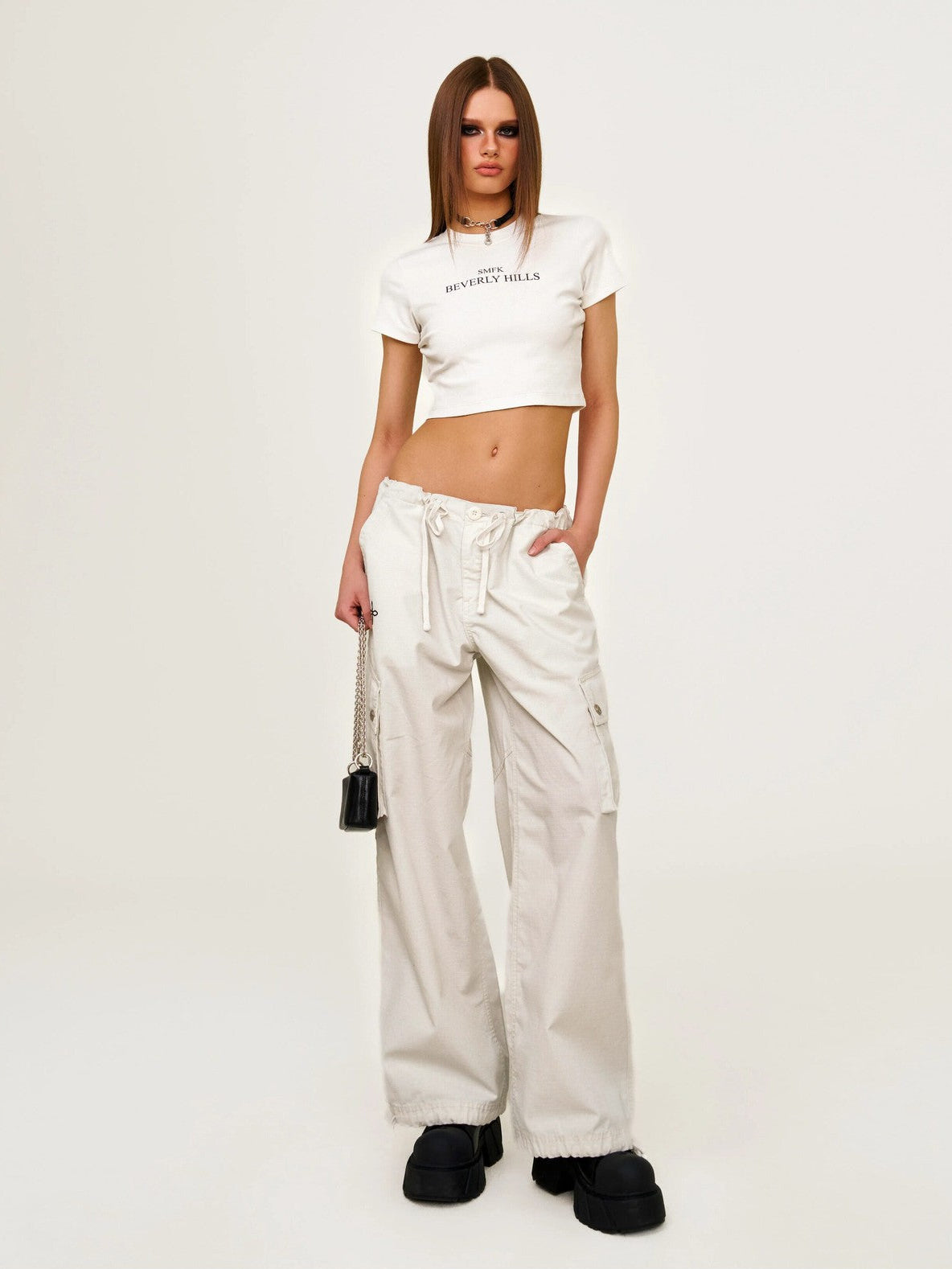 SMFK Wide Leg Parachute Cargo Pants in Gray - On Female Model